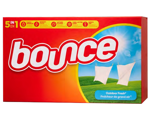 Original Bounce dryer sheet box with its orange identity and bold logo