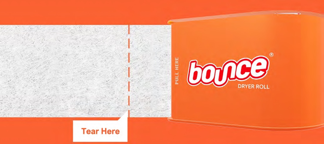 Close-up of the dispenser opening and dryer sheet tear line