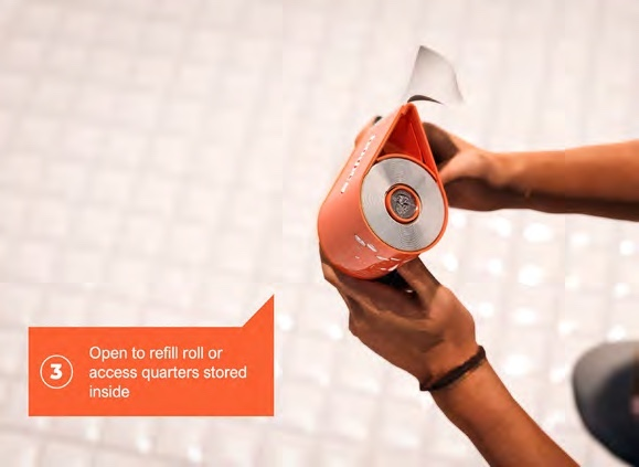Step 3: Coin storage keeps quarters close, while the refillable roll lets you reuse the dispenser.