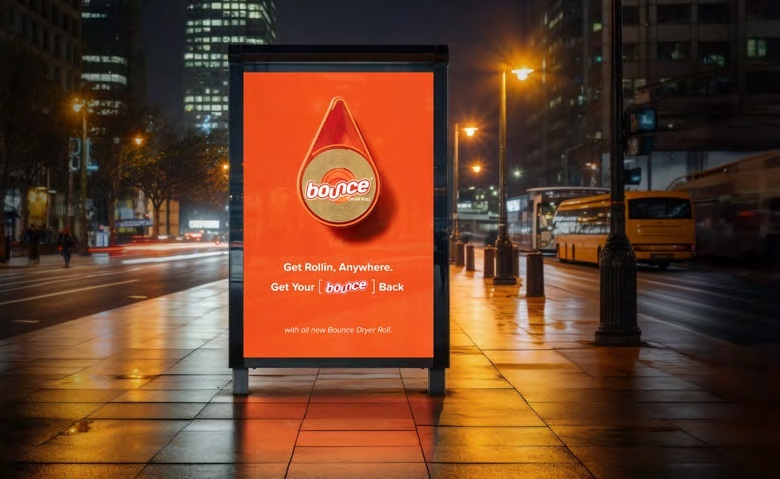 Bounce Dryer Roll campaign displayed at a bus shelter